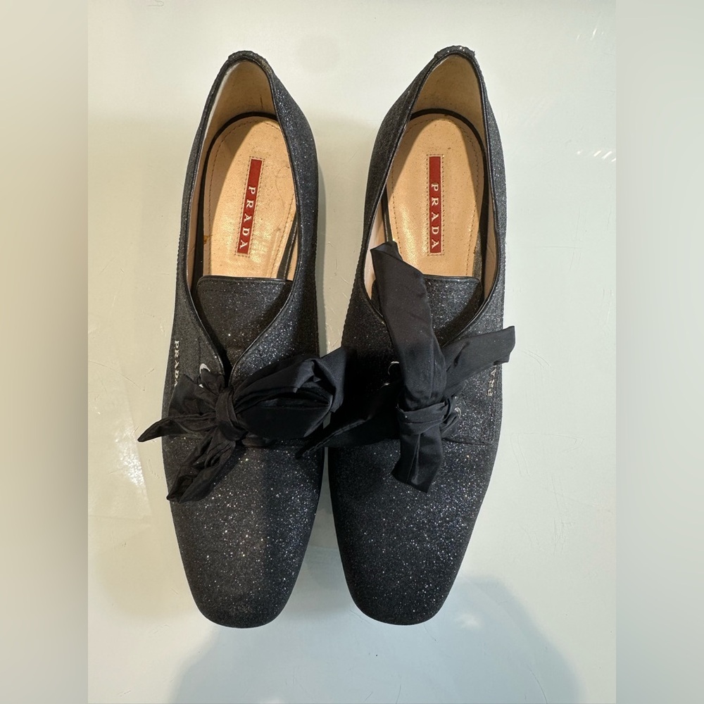 Prada 9B Black sparkle bow shoes